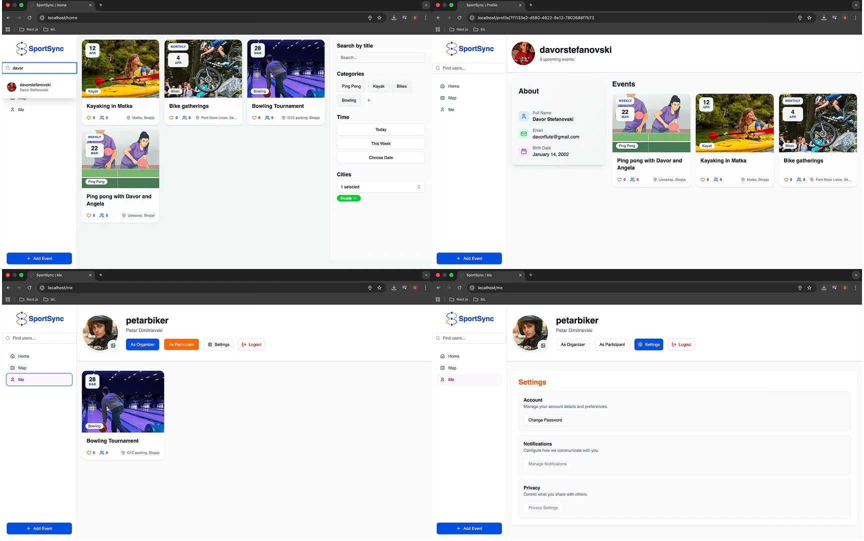 SportSync users and events